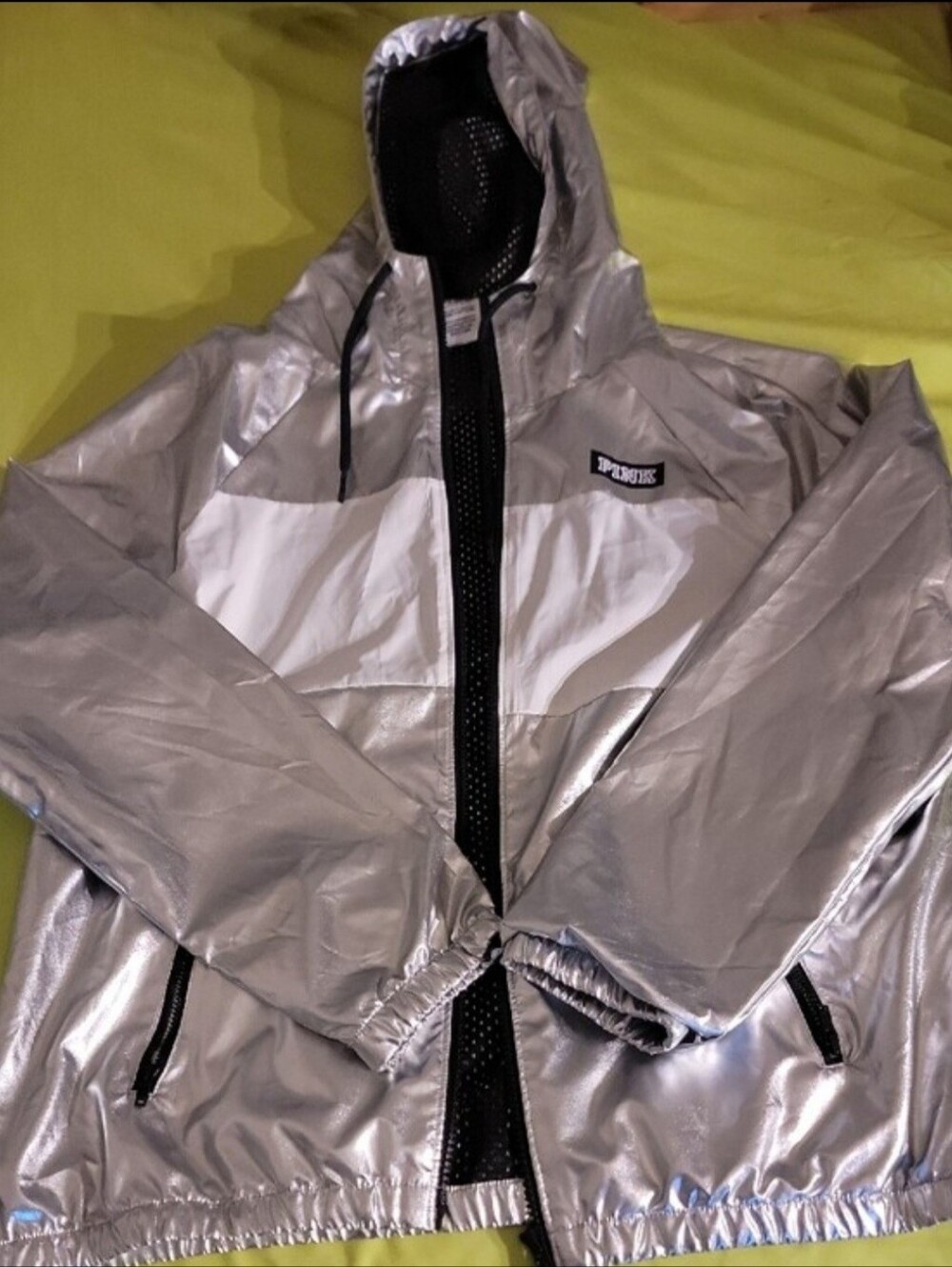 PINK Metallic Silver and White Colorblock Hooded Jacket With Zip-Up side Pockets